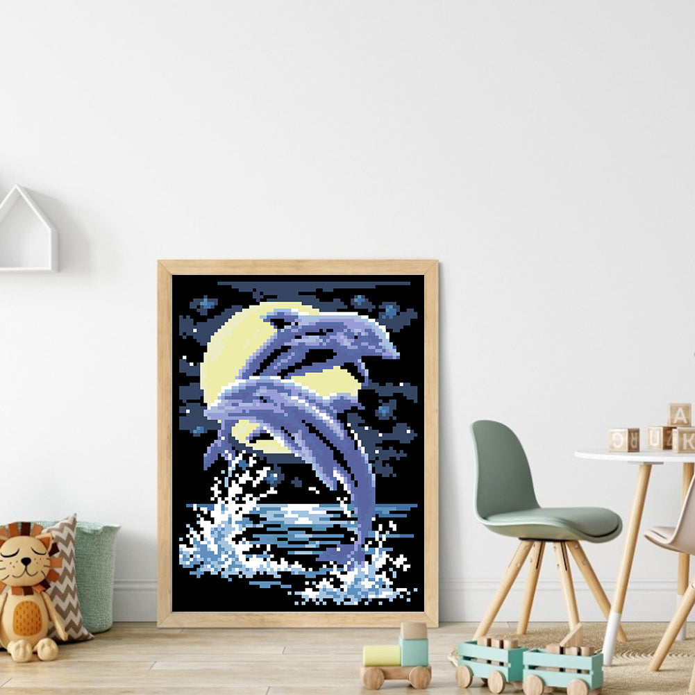 Dolphin Love - Partial  9CT Stamped Cross Stitch - Bead Embroidery 20x28CM/7.87x11.02in