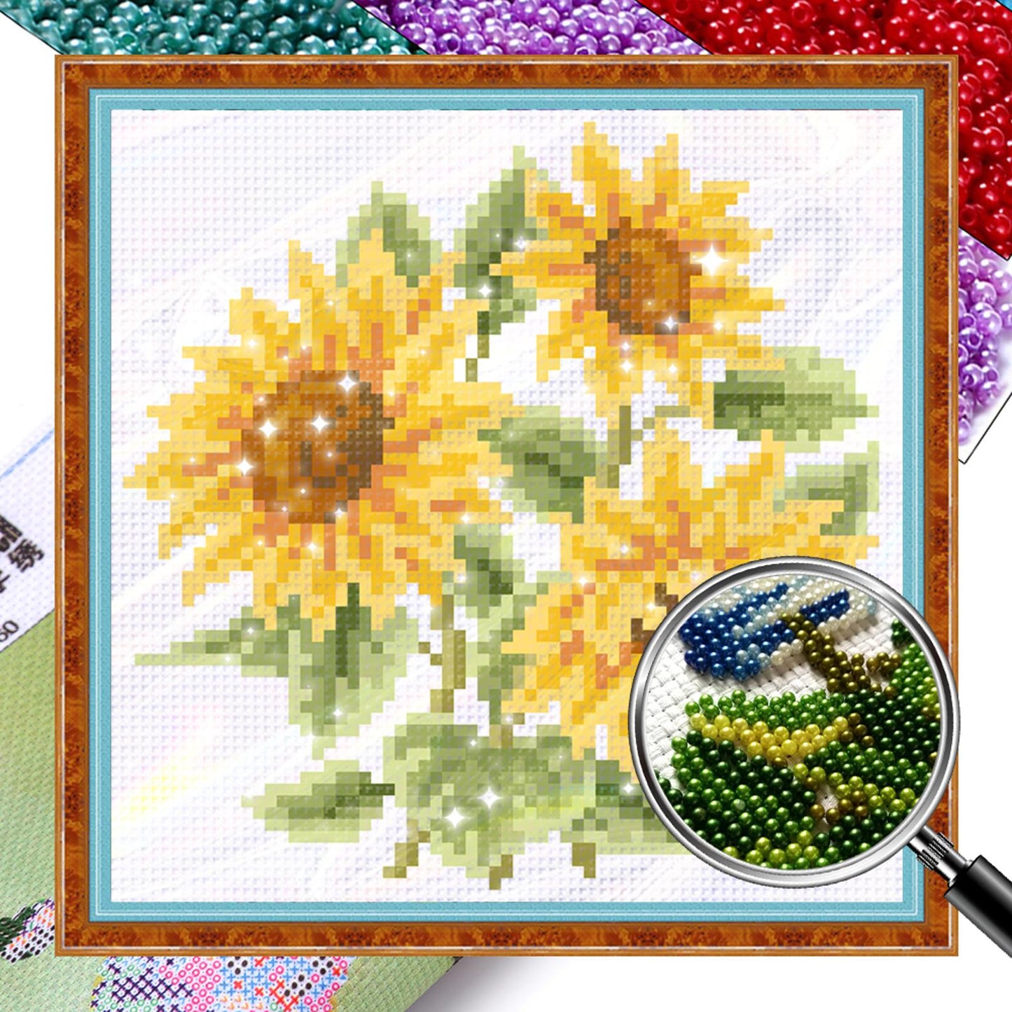 Three Sunflowers - Partial  9CT Stamped Cross Stitch - Bead Embroidery 19x19CM/7.48x7.48in