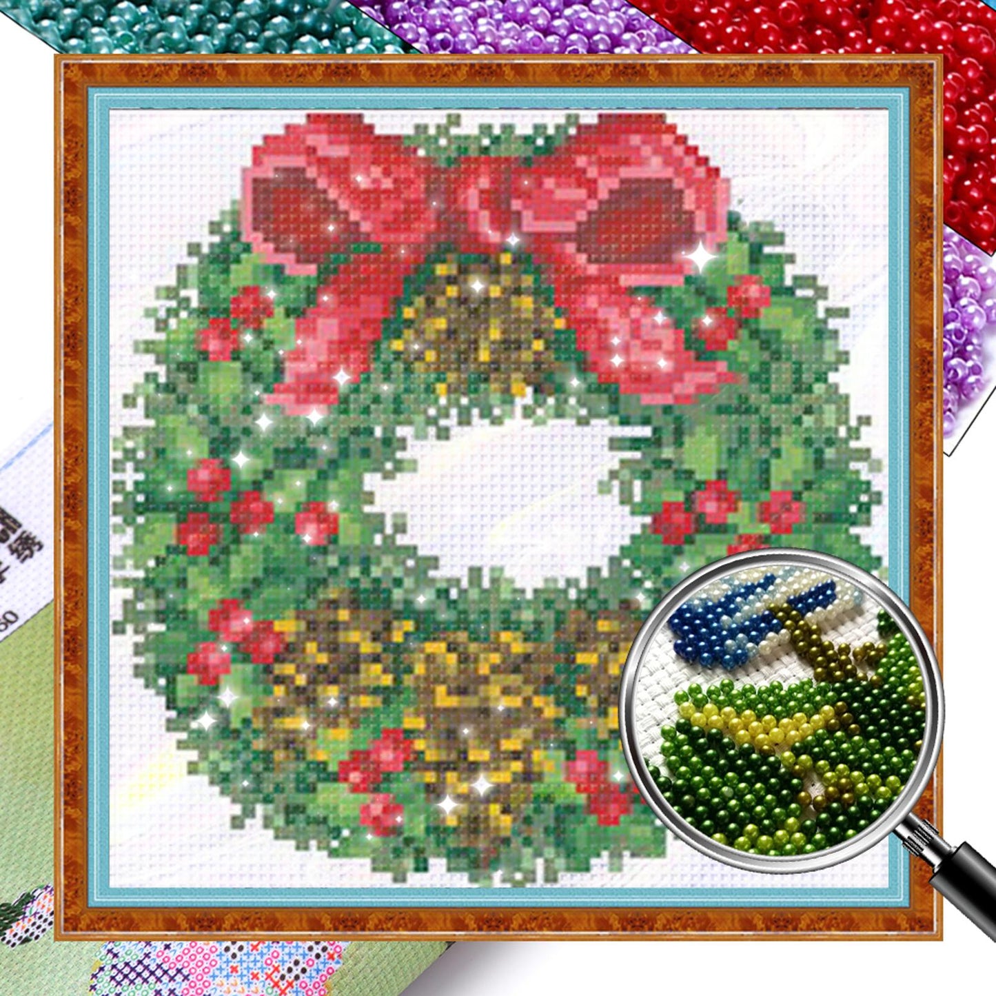 Christmas Wreath - Partial  9CT Stamped Cross Stitch - Bead Embroidery 21x21CM/8.27x8.27in