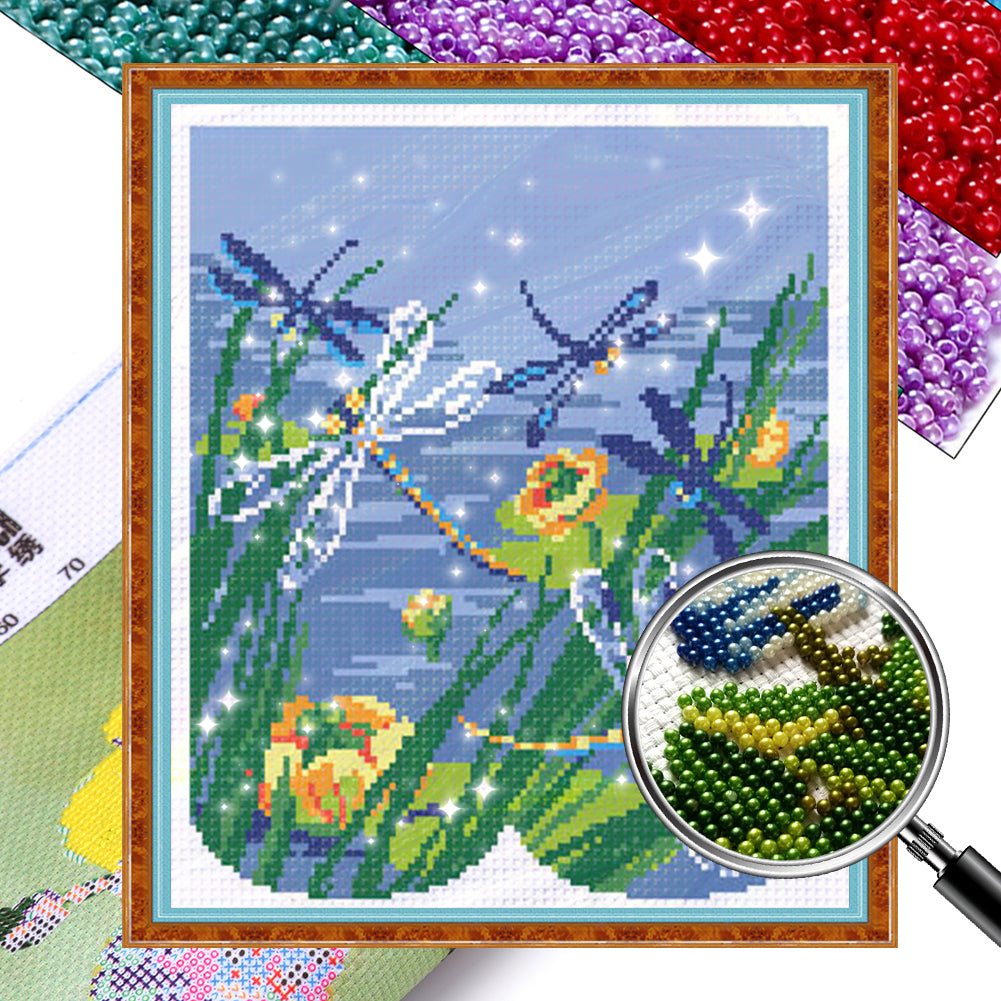 Dragonfly Skimming Water - Partial  9CT Stamped Cross Stitch - Bead Embroidery 29x32CM/11.42x12.60in