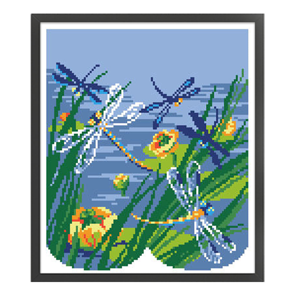 Dragonfly Skimming Water - Partial  9CT Stamped Cross Stitch - Bead Embroidery 29x32CM/11.42x12.60in