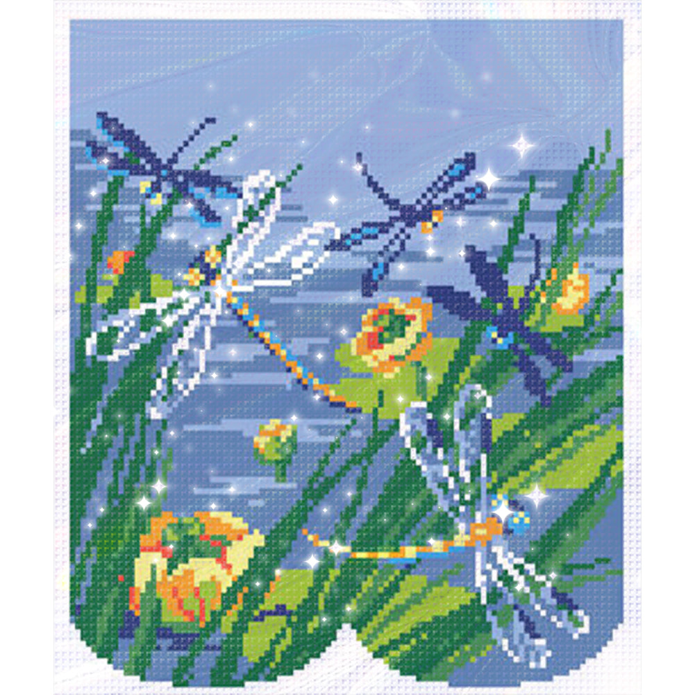 Dragonfly Skimming Water - Partial  9CT Stamped Cross Stitch - Bead Embroidery 29x32CM/11.42x12.60in