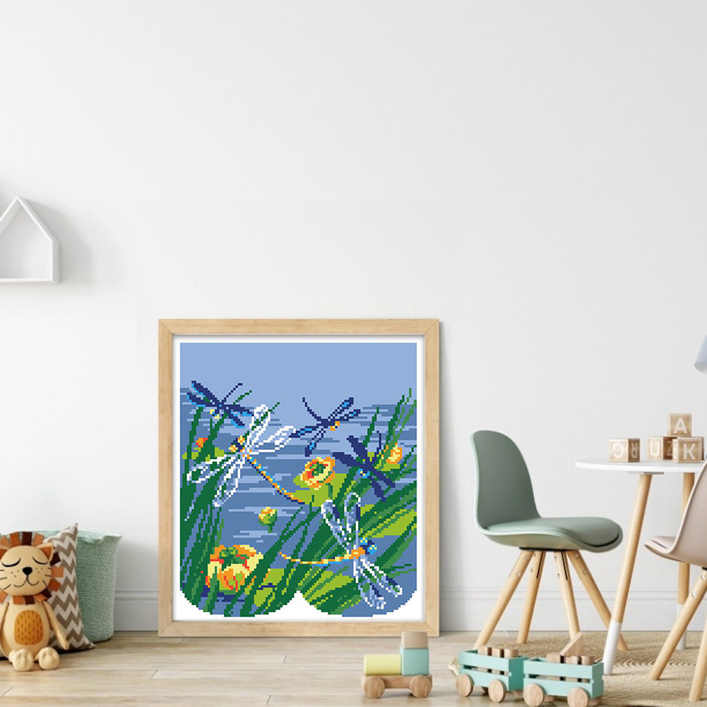 Dragonfly Skimming Water - Partial  9CT Stamped Cross Stitch - Bead Embroidery 29x32CM/11.42x12.60in