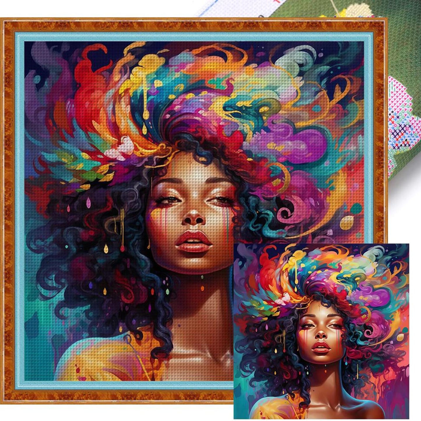 Psychedelic African Girl - Full 11CT Stamped Cross Stitch 40x40CM - Yishu