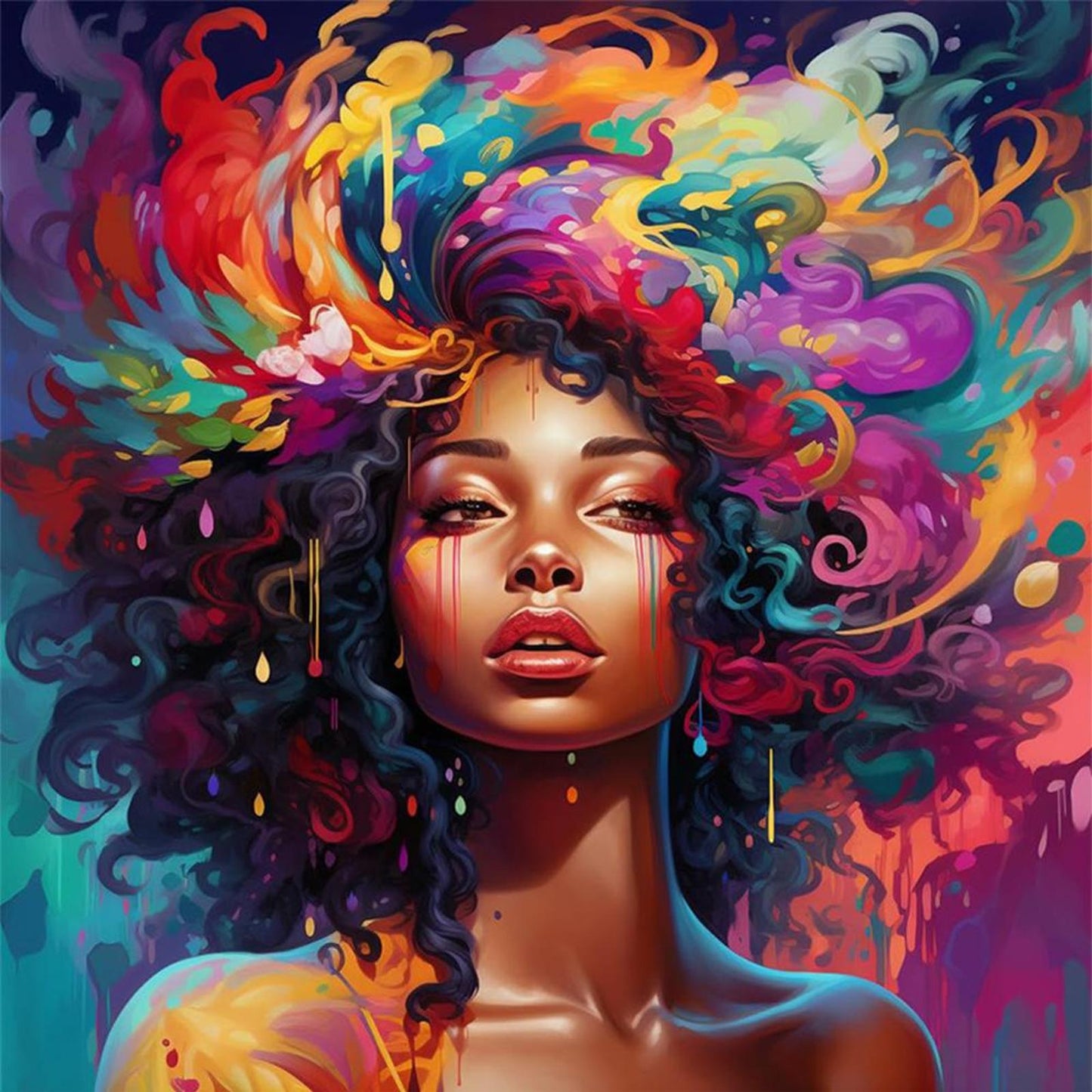 Psychedelic African Girl - Full 11CT Stamped Cross Stitch 40x40CM - Yishu