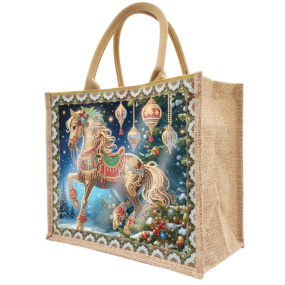 Christmas Horse DIY Diamond Painting Storage Bag Linen Tote Bag for Kids Adults