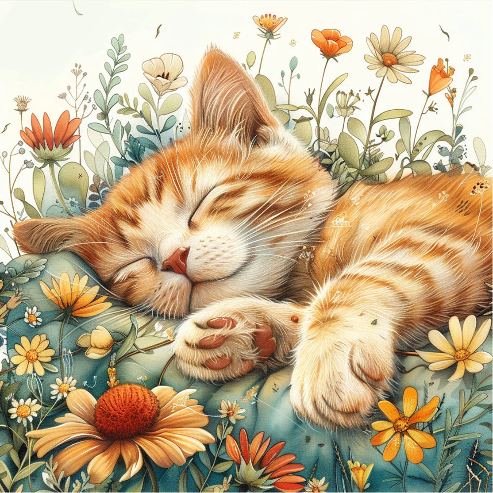 Orange Cat In Flower Garden 40*40CM(Canvas) Full Round Drill Diamond Painting