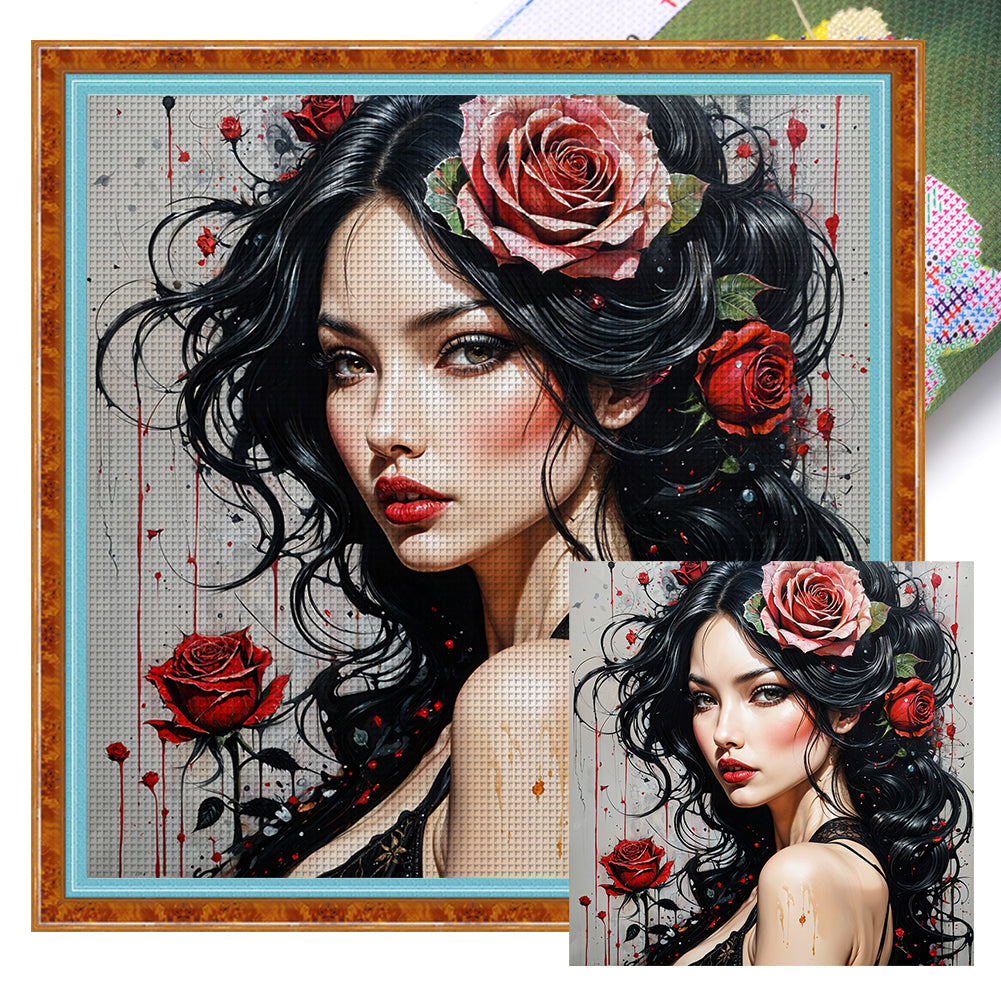 Huancan - Pink Rose Girl - 50*50CM 11CT 3 Stamped Cross Stitch