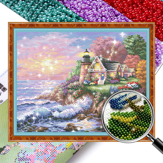 Seaside Courtyard - Full  9CT Stamped Cross Stitch - Bead Embroidery 55x43CM/21.65x16.93in