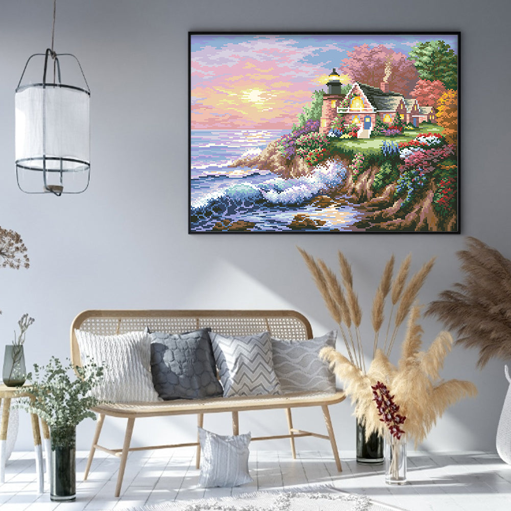 Seaside Courtyard - Full  9CT Stamped Cross Stitch - Bead Embroidery 55x43CM/21.65x16.93in