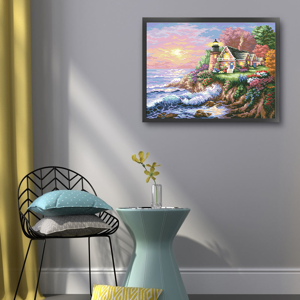 Seaside Courtyard - Full  9CT Stamped Cross Stitch - Bead Embroidery 55x43CM/21.65x16.93in