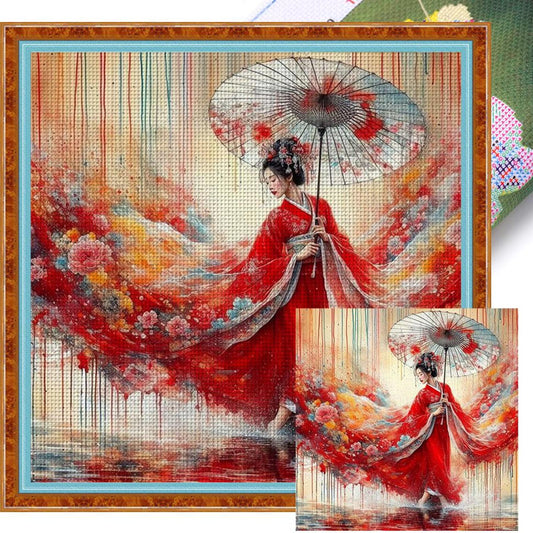 Girl In Red Kimono - Full 11CT Stamped Cross Stitch 50x50CM - Yishu