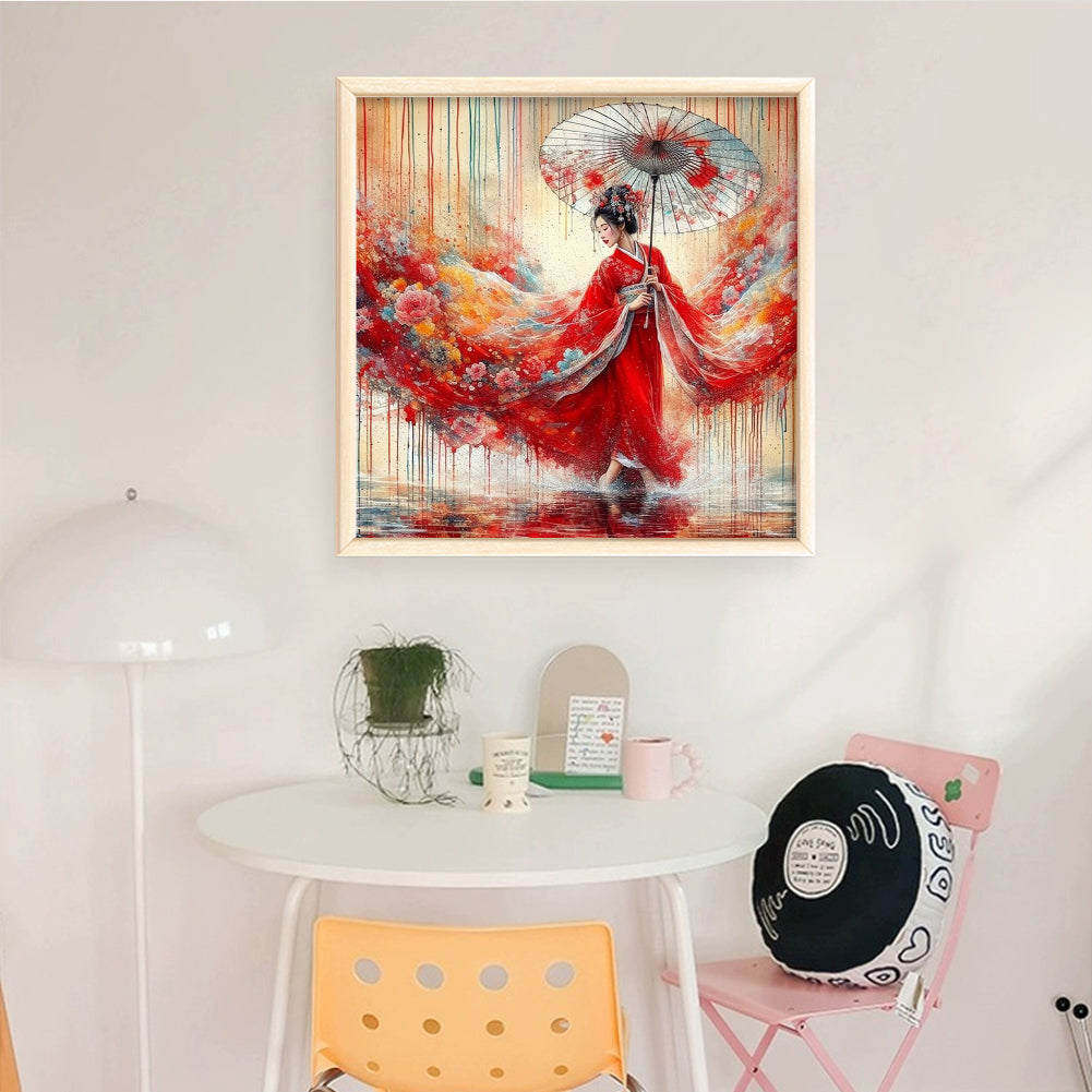 Girl In Red Kimono - Full 11CT Stamped Cross Stitch 50x50CM - Yishu
