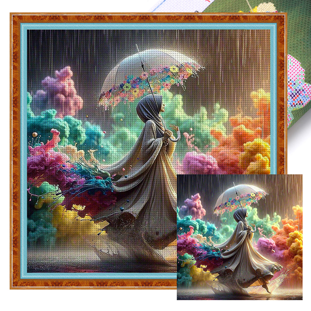 Huancan - Girl Holding An Umbrella In The Rain - 45*45CM 16CT 2 Stamped Cross Stitch