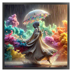 Huancan - Girl Holding An Umbrella In The Rain - 45*45CM 16CT 2 Stamped Cross Stitch