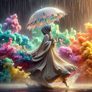 Huancan - Girl Holding An Umbrella In The Rain - 45*45CM 16CT 2 Stamped Cross Stitch