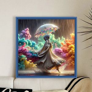Huancan - Girl Holding An Umbrella In The Rain - 45*45CM 16CT 2 Stamped Cross Stitch