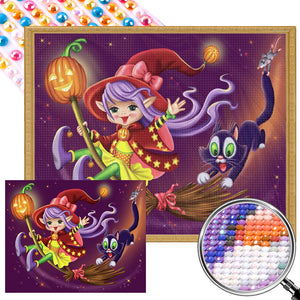 Black Cat And Little Witch 50*40CM(Picture) Full Round Drill Diamond Painting