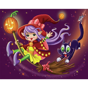 Black Cat And Little Witch 50*40CM(Picture) Full Round Drill Diamond Painting