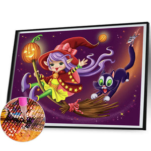 Black Cat And Little Witch 50*40CM(Picture) Full Round Drill Diamond Painting