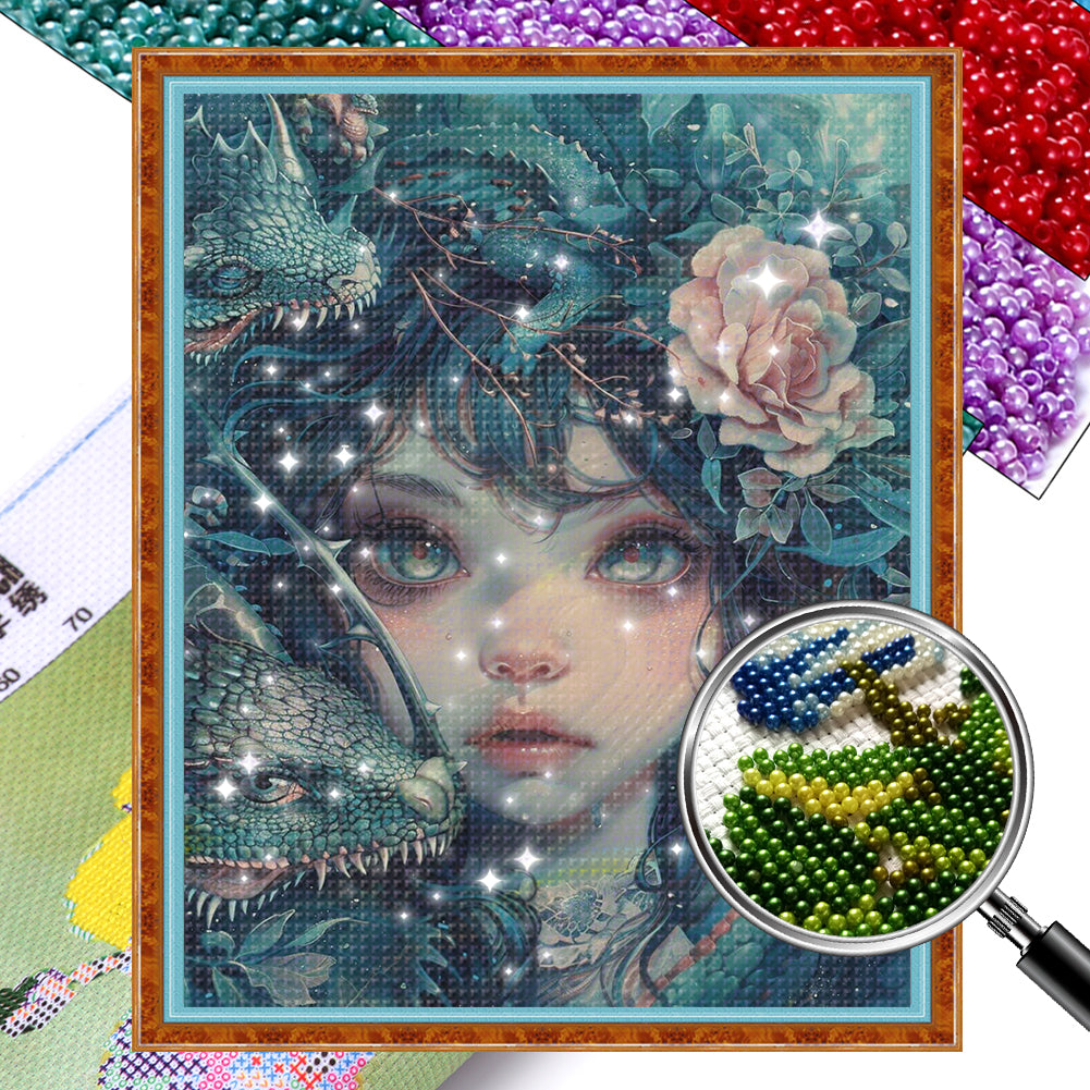 Girl and Lizard - Full  9CT Stamped Cross Stitch - Bead Embroidery 40x50CM/15.75x19.69in