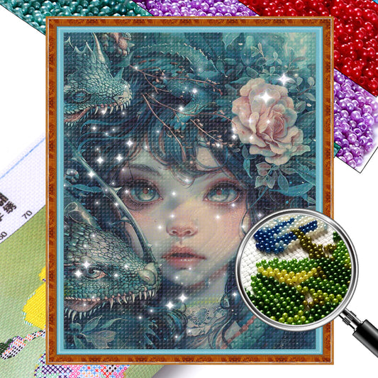 Girl and Lizard - Full  9CT Stamped Cross Stitch - Bead Embroidery 40x50CM/15.75x19.69in