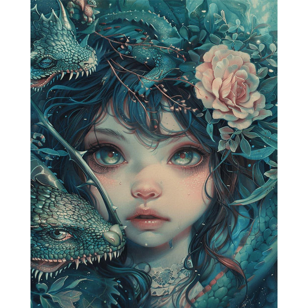 Girl and Lizard - Full  9CT Stamped Cross Stitch - Bead Embroidery 40x50CM/15.75x19.69in