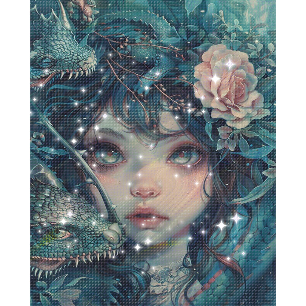 Girl and Lizard - Full  9CT Stamped Cross Stitch - Bead Embroidery 40x50CM/15.75x19.69in