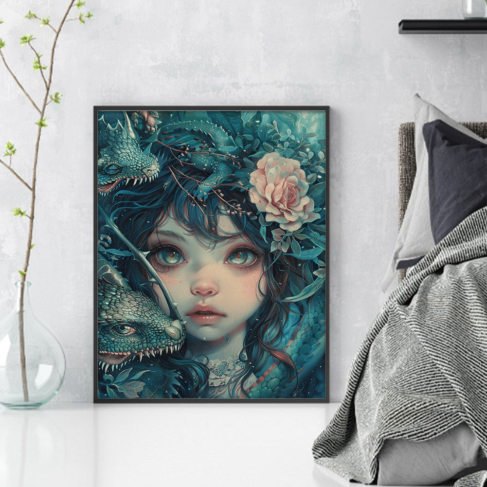 Girl and Lizard - Full  9CT Stamped Cross Stitch - Bead Embroidery 40x50CM/15.75x19.69in