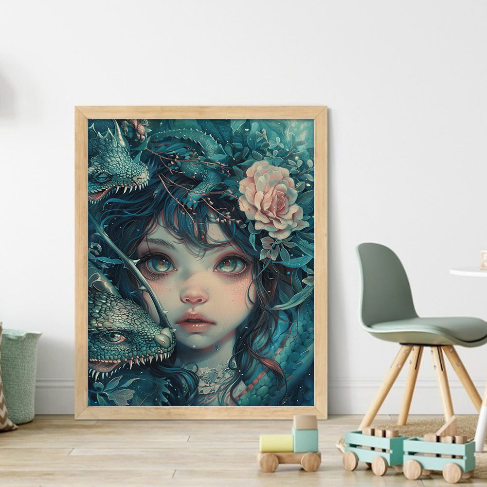 Girl and Lizard - Full  9CT Stamped Cross Stitch - Bead Embroidery 40x50CM/15.75x19.69in