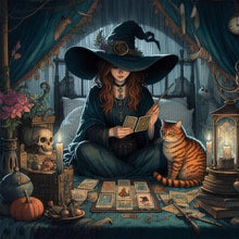Load image into Gallery viewer, Yishu - Witch And Cat Fortune Teller - 50*50CM 11CT 3 Stamped Cross Stitch
