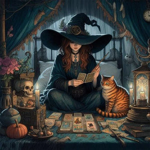 Yishu - Witch And Cat Fortune Teller - 50*50CM 11CT 3 Stamped Cross Stitch