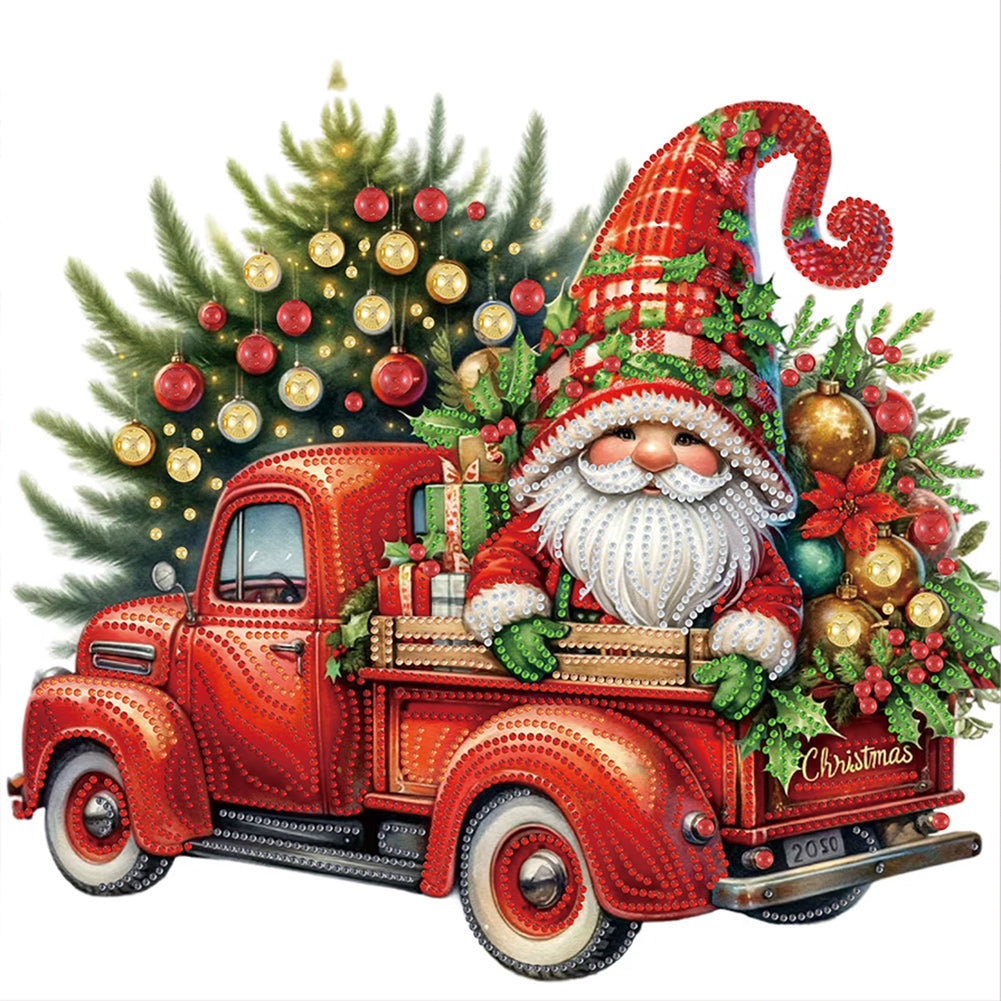 Gnome And Christmas Tree On A Truck 40*40CM(Canvas) Partial Special Shaped Drill Diamond Painting