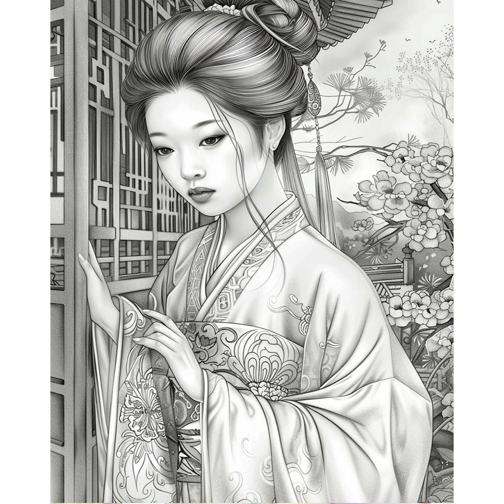 Black And White Floral Girl 40*50CM(Canvas) Full Round Drill Diamond Painting