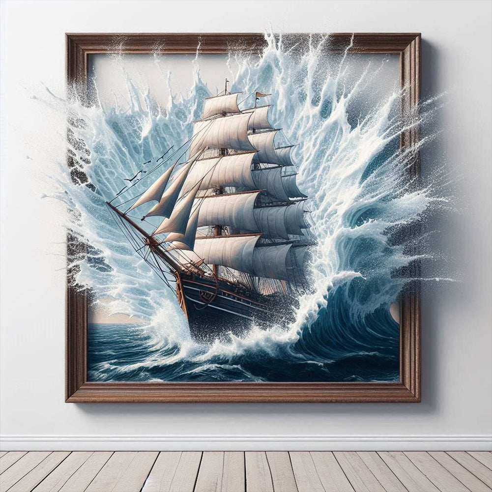 3D Ocean Waves And Sailboat Frame 40*40CM(Canvas) Full Round Drill Diamond Painting