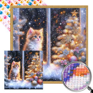 Christmas Snowy Night Kitten 40*40CM(Picture) Full Round Drill Diamond Painting