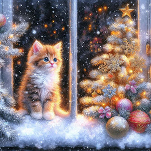 Christmas Snowy Night Kitten 40*40CM(Picture) Full Round Drill Diamond Painting