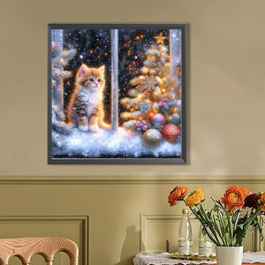 Christmas Snowy Night Kitten 40*40CM(Picture) Full Round Drill Diamond Painting