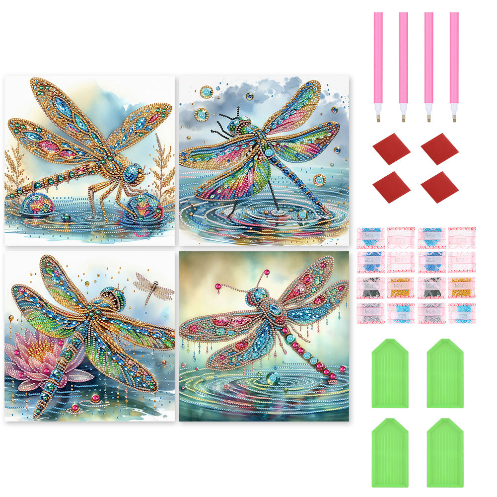 4PCS Dragonfly 30*30CM(Canvas) Partial Special Shaped Drill Diamond Painting