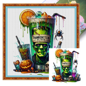 Huancan - Halloween Wine Glass And Pumpkin - 50*50CM 14CT 2 Stamped Cross Stitch