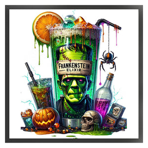 Huancan - Halloween Wine Glass And Pumpkin - 50*50CM 14CT 2 Stamped Cross Stitch