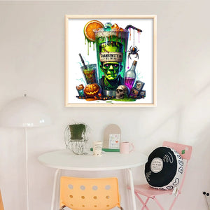 Huancan - Halloween Wine Glass And Pumpkin - 50*50CM 14CT 2 Stamped Cross Stitch