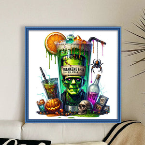 Huancan - Halloween Wine Glass And Pumpkin - 50*50CM 14CT 2 Stamped Cross Stitch