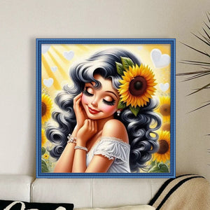 Huancan - Sunflower And Girl - 50*50CM 16CT 2 Stamped Cross Stitch
