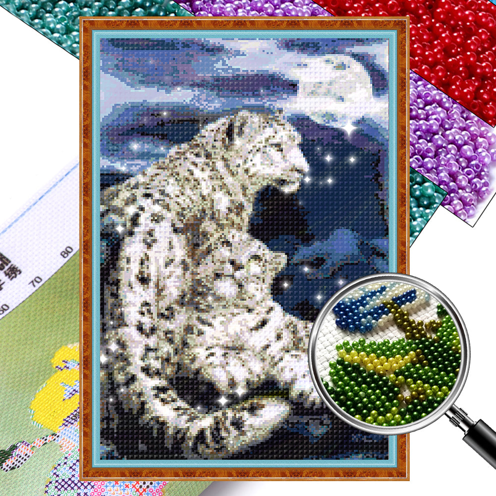 Snow Leopard under Moonlight - Full  9CT Stamped Cross Stitch - Bead Embroidery 40x59CM/15.75x23.23in