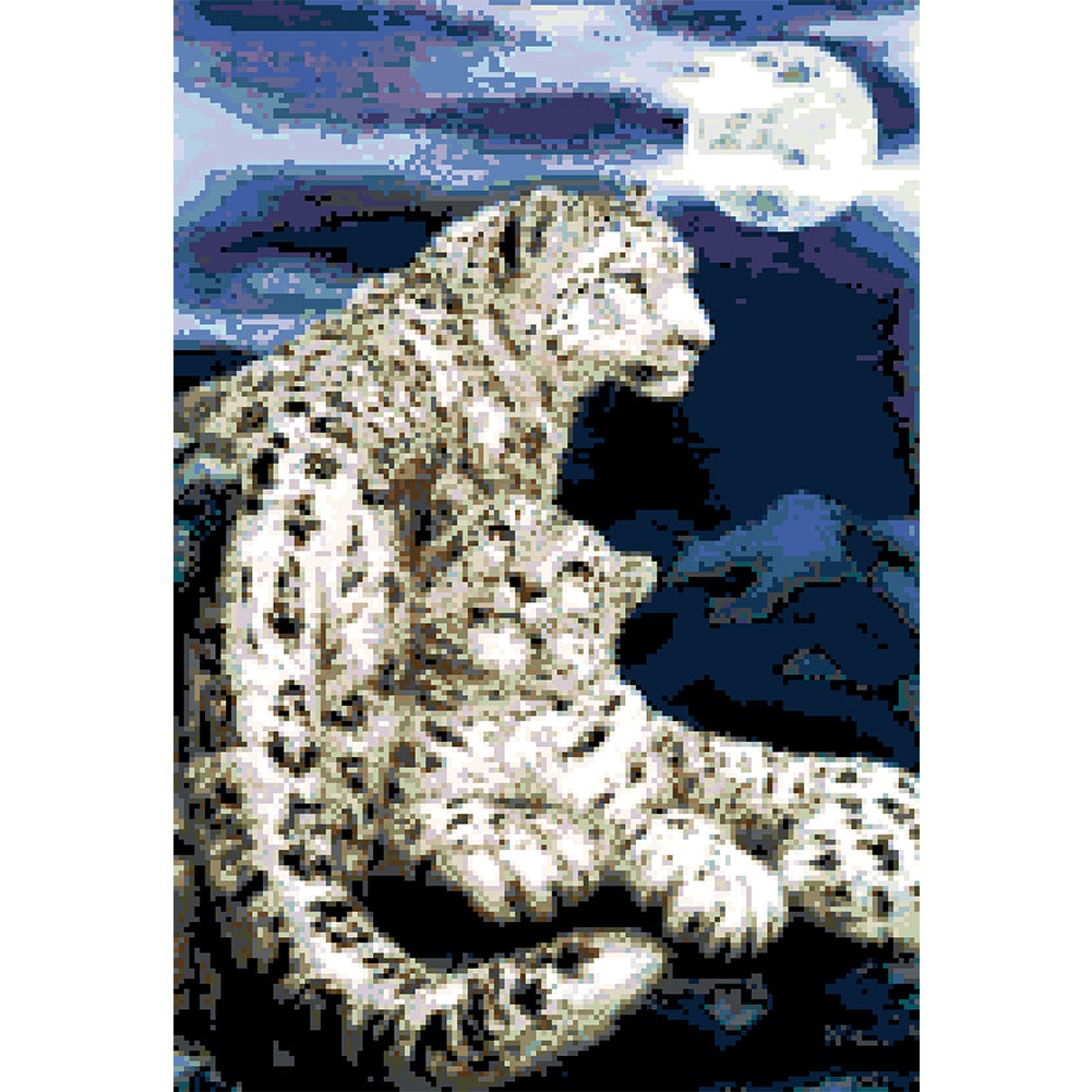 Snow Leopard under Moonlight - Full  9CT Stamped Cross Stitch - Bead Embroidery 40x59CM/15.75x23.23in