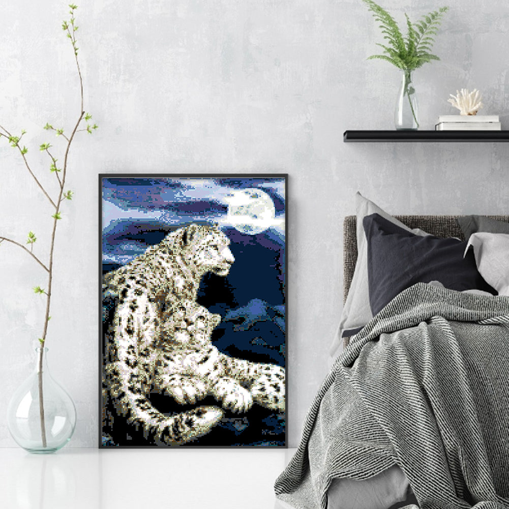 Snow Leopard under Moonlight - Full  9CT Stamped Cross Stitch - Bead Embroidery 40x59CM/15.75x23.23in