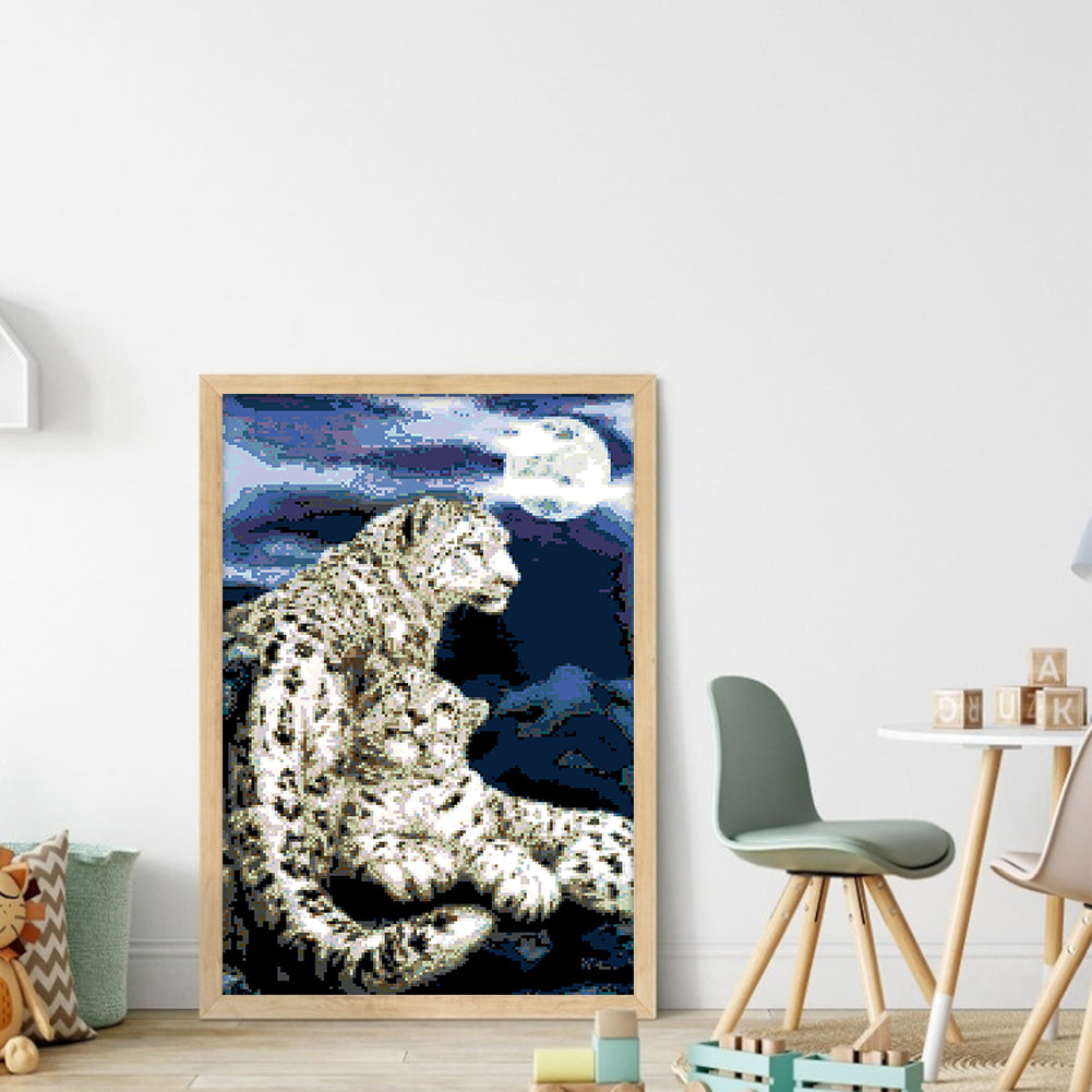 Snow Leopard under Moonlight - Full  9CT Stamped Cross Stitch - Bead Embroidery 40x59CM/15.75x23.23in