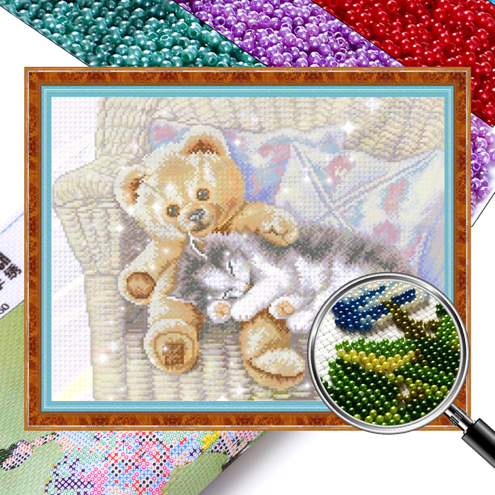 Cat and Bear - Partial  9CT Stamped Cross Stitch - Bead Embroidery 54x44CM/21.26x17.32in
