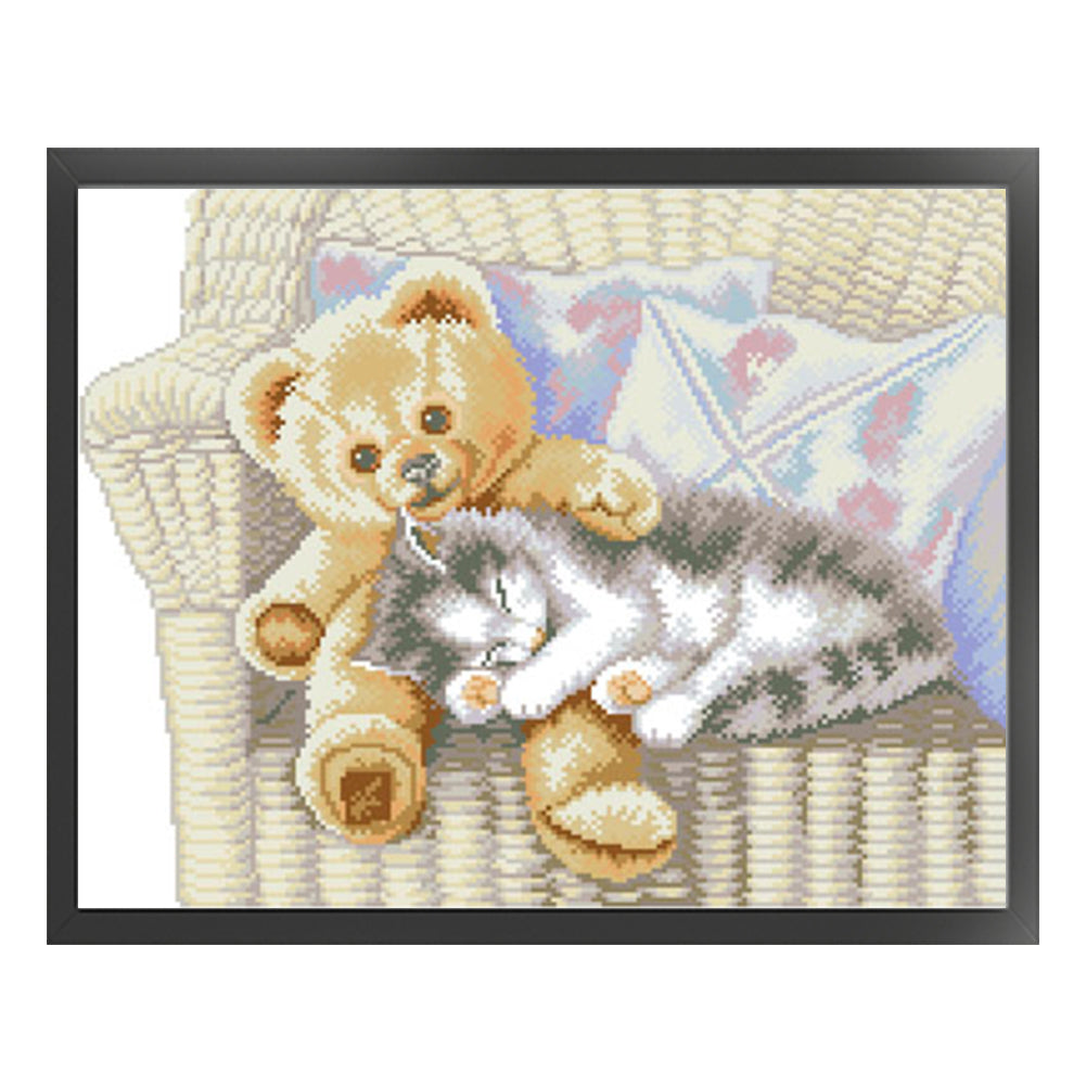 Cat and Bear - Partial  9CT Stamped Cross Stitch - Bead Embroidery 54x44CM/21.26x17.32in